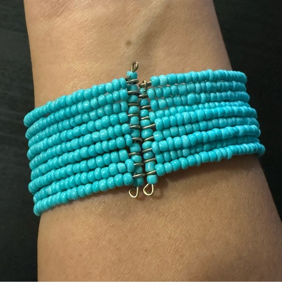 🧜🏼‍♀️ ⚜️3 for $30⚜️ Mermaidcore Blue Gold Beaded Cuff Bracelet Adjustable - Picture 8 of 10